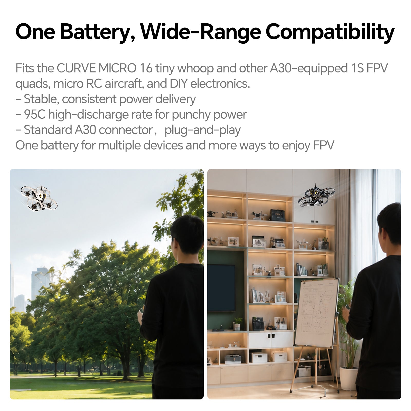 CADDXFPV CURVE 580mAh & 680mAh 1S 3.8V 95C FPV Lipo Battery with A30 connector