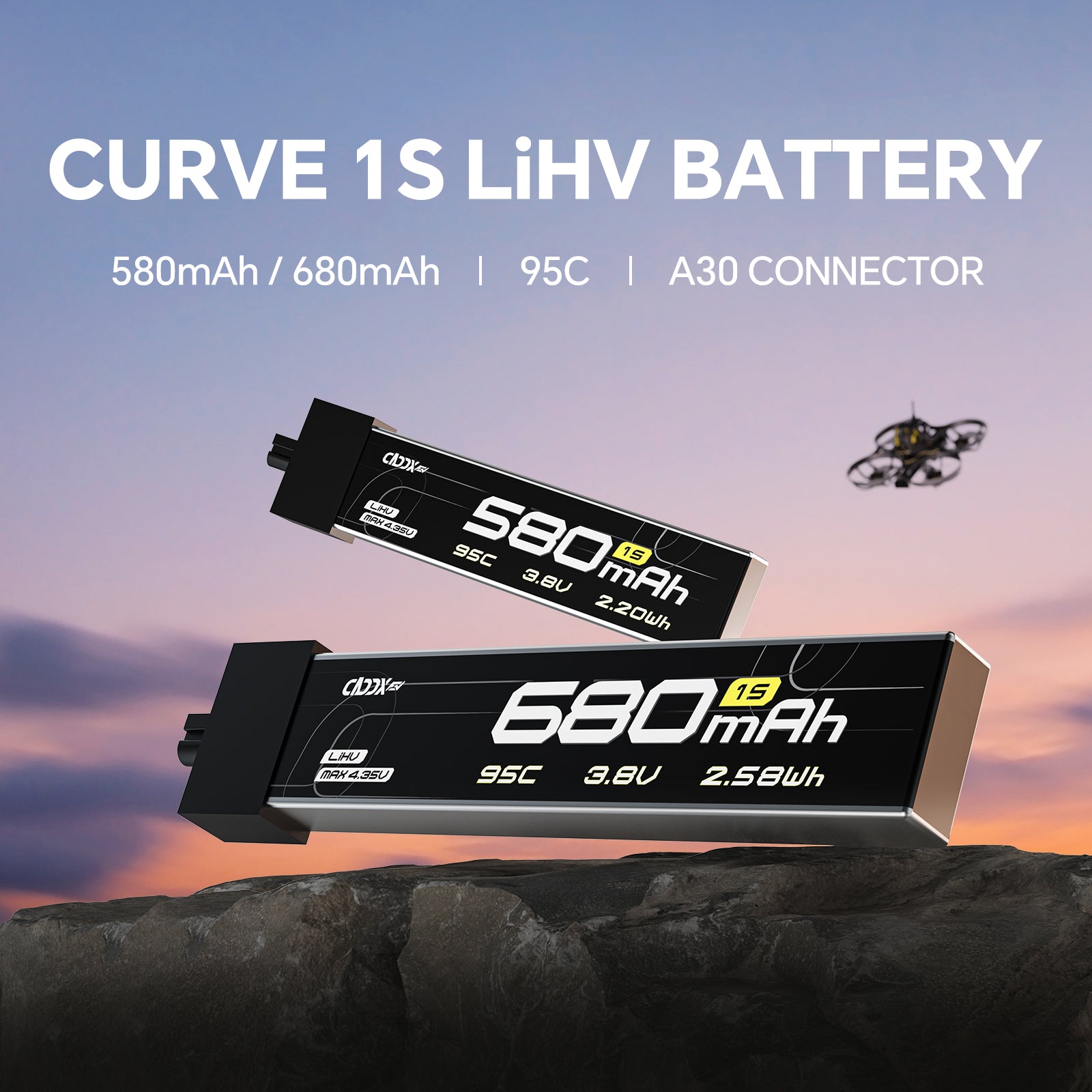 CADDXFPV CURVE 580mAh & 680mAh 1S 3.8V 95C FPV Lipo Battery with A30 connector